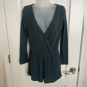 ONeill Womens Size Large Sabina Romper Green Ribbed Surplice Neck Long Sleeve